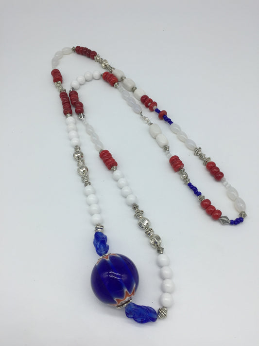 22 inches long red white and blue ball necklace